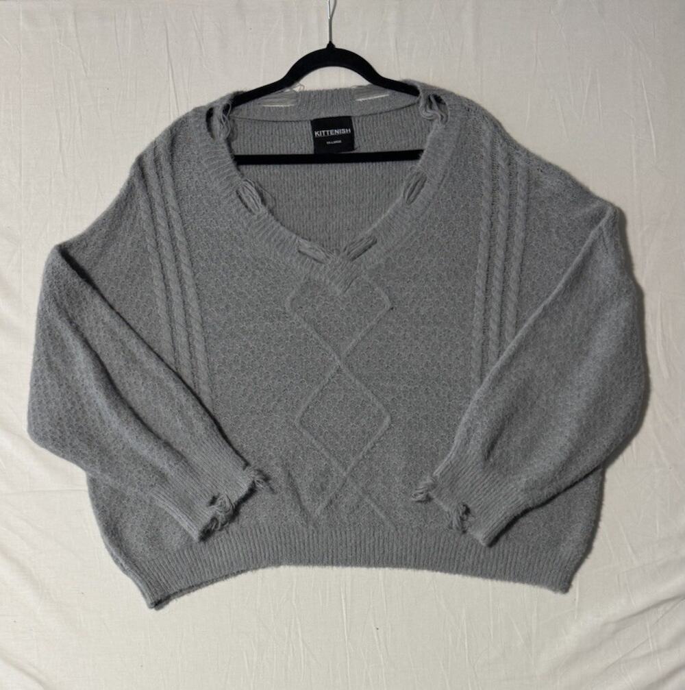 Kittenish - Women’s V-neck Distressed Style Cardigan Sweater Gray Size XXL